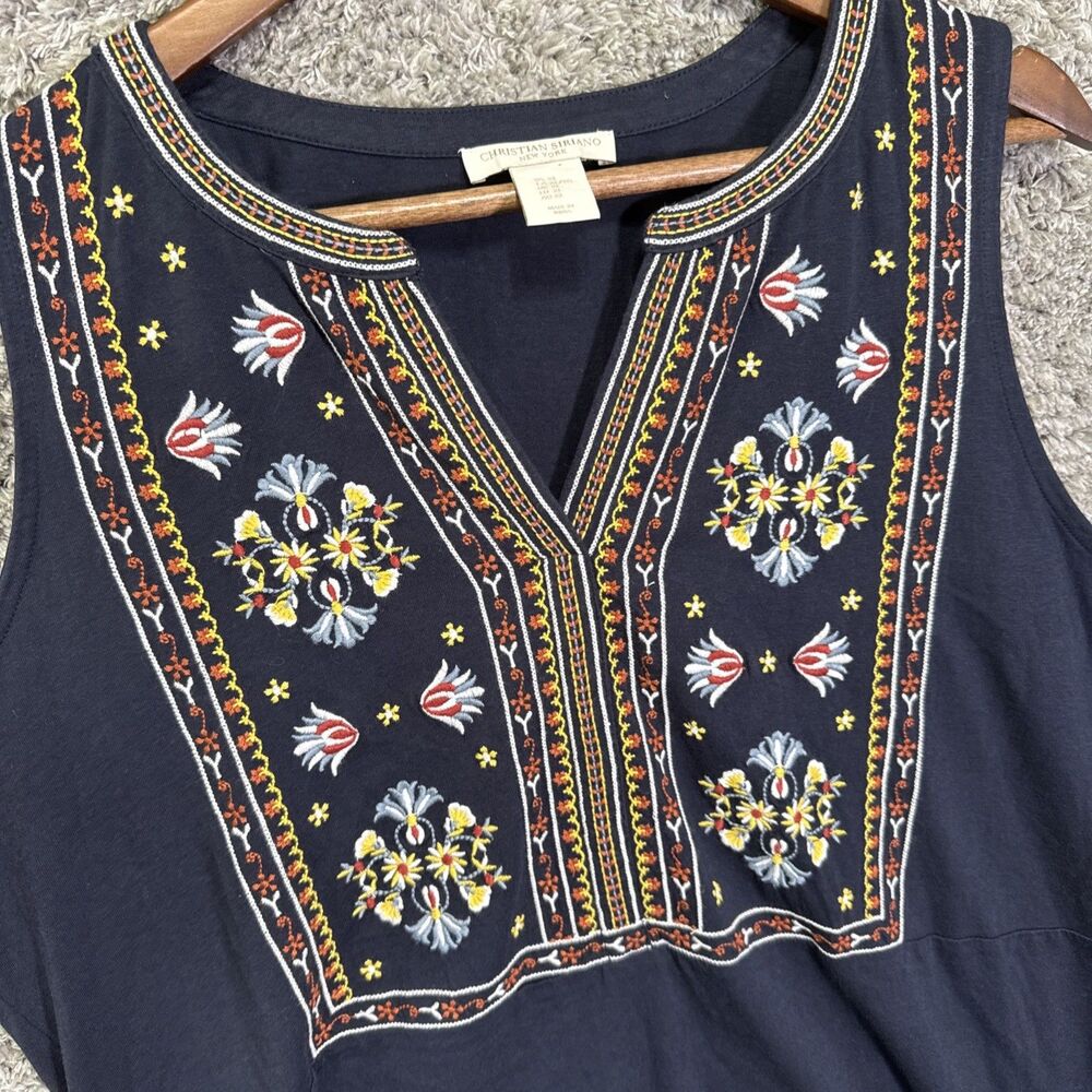 Christian Siriano Embroidered Sleeveless Blouse Top Navy Blue XL Boho Floral - Picture 5 of 10